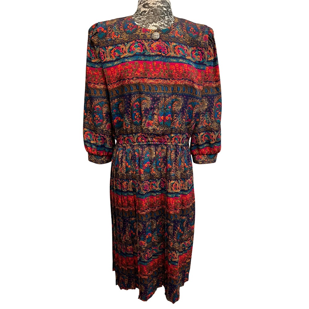 Vintage 80s Midi Dress 14 Button Blue Pink Paisley Pleated Grandma Quirky Jewel